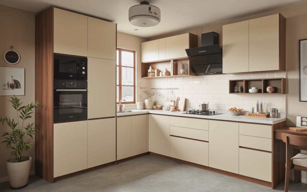 Elegant modular kitchen architecture design with beige tones and wood accents