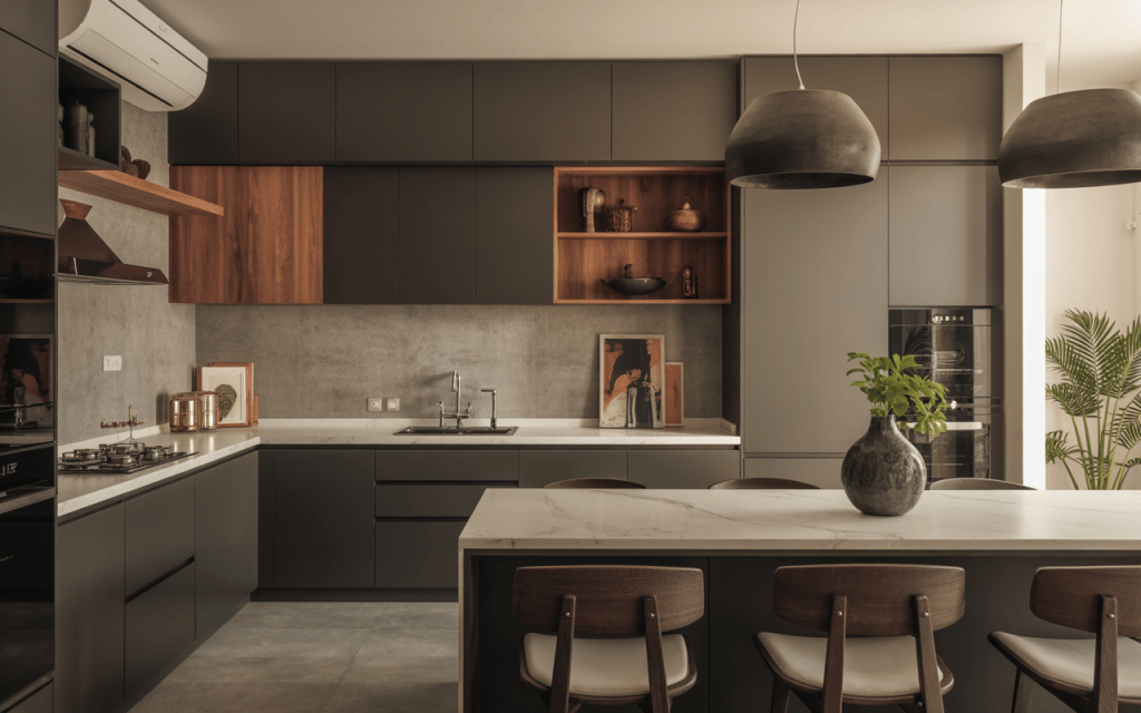 Elegant contemporary kitchen architecture design with island and warm wood details