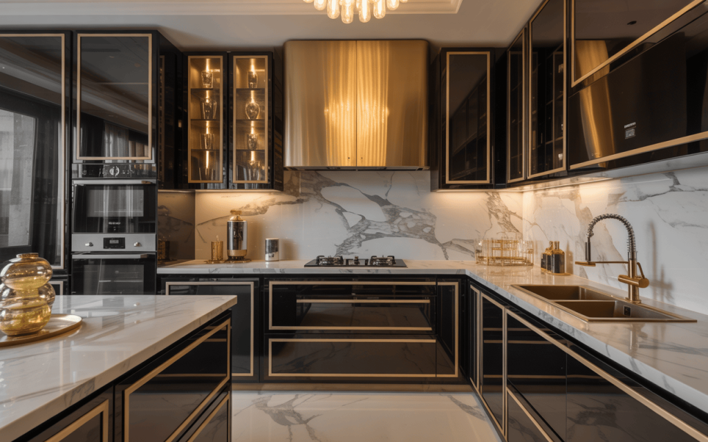 Opulent luxury kitchen architecture design with black and gold cabinetry and marble tops