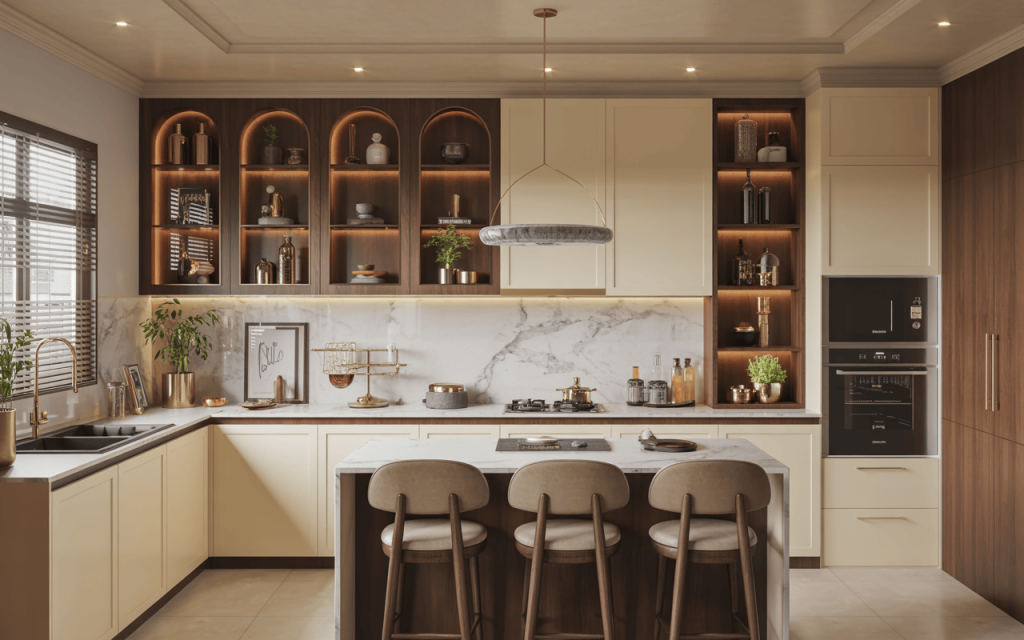 Elegant kitchen arch design with backlit open shelves and marble island setup