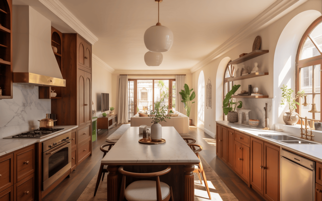 Island kitchen architecture design with arched windows and wooden cabinetry