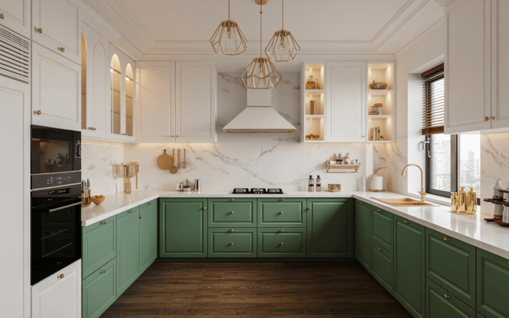 Elegant luxury kitchen architecture design with green and white cabinets and gold accents