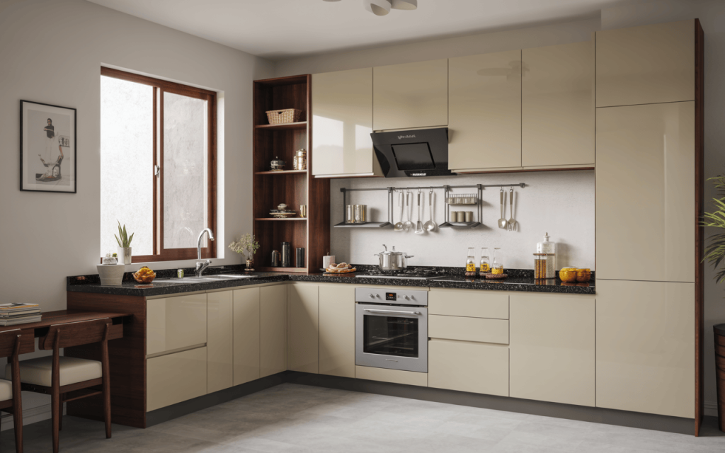 Minimalist L-shaped kitchen architecture design with glossy beige and wooden cabinets