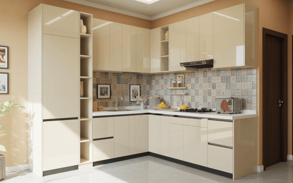 Glossy modular kitchen architecture design with tiled backsplash and open shelves