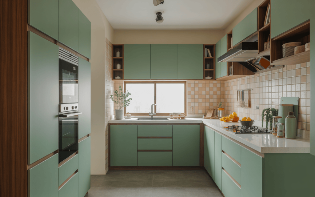 Cozy L-shaped kitchen architecture design with mint cabinets and tiled backsplash