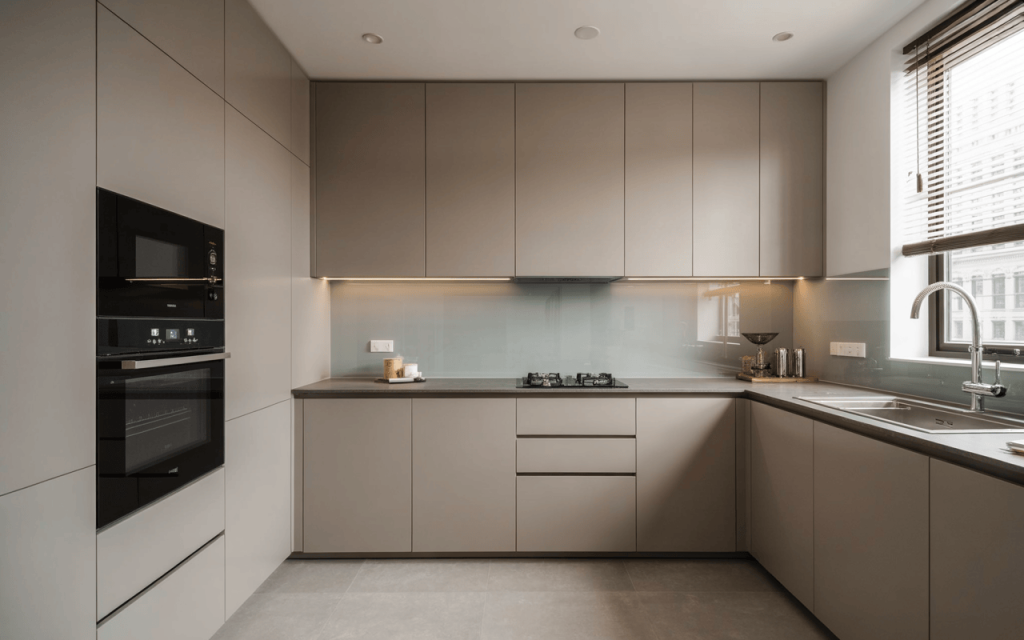 Elegant small kitchen architecture design with sleek cabinets and built-in oven