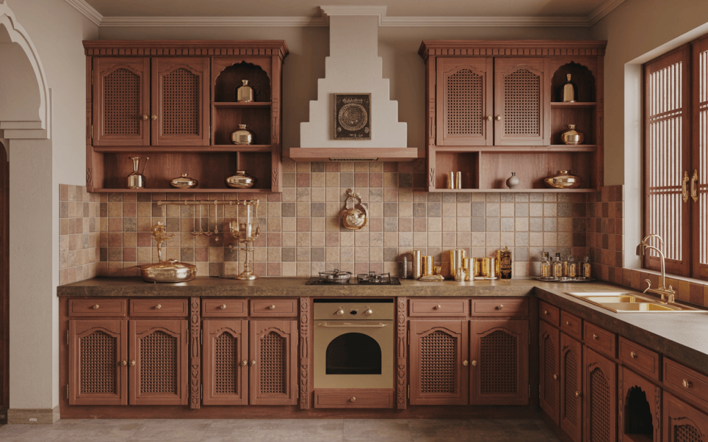 Elegant traditional kitchen architecture design with carved wooden cabinets and gold décor