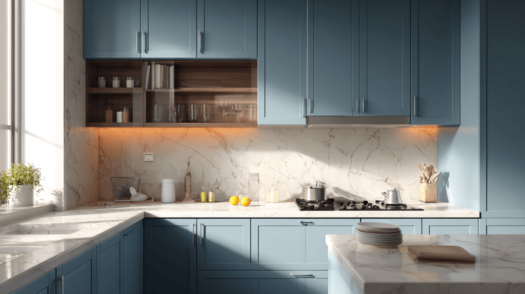 Bright small simple kitchen design with blue cabinets and marble countertops