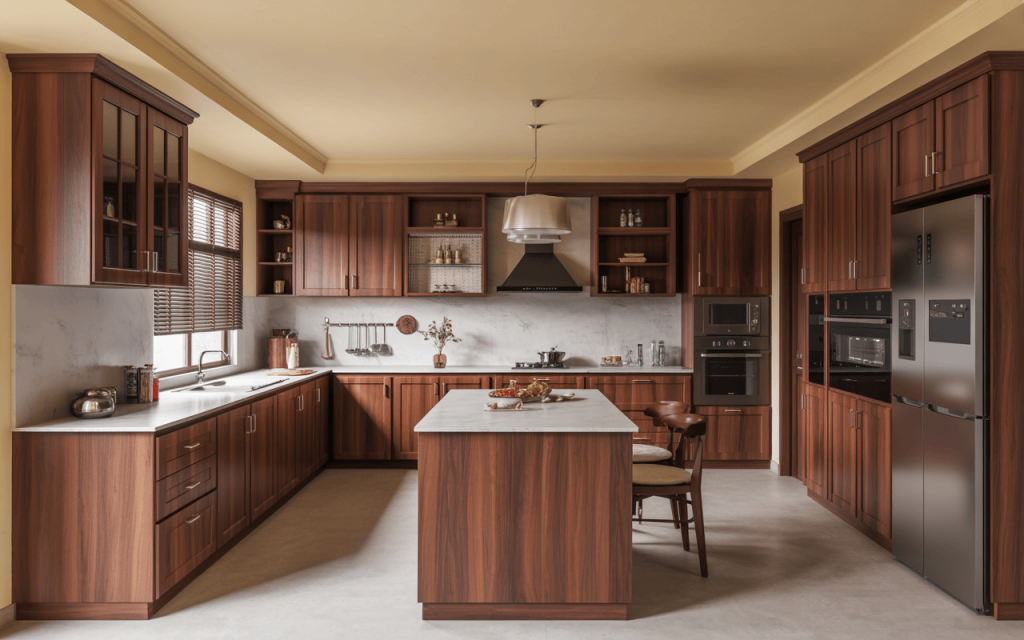 Warm-toned simple small modular kitchen design with island and wooden finish