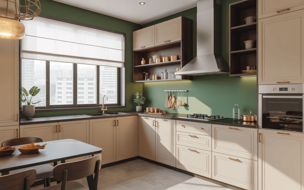 Elegant simple kitchen design for small house with green backsplash and storage shelves