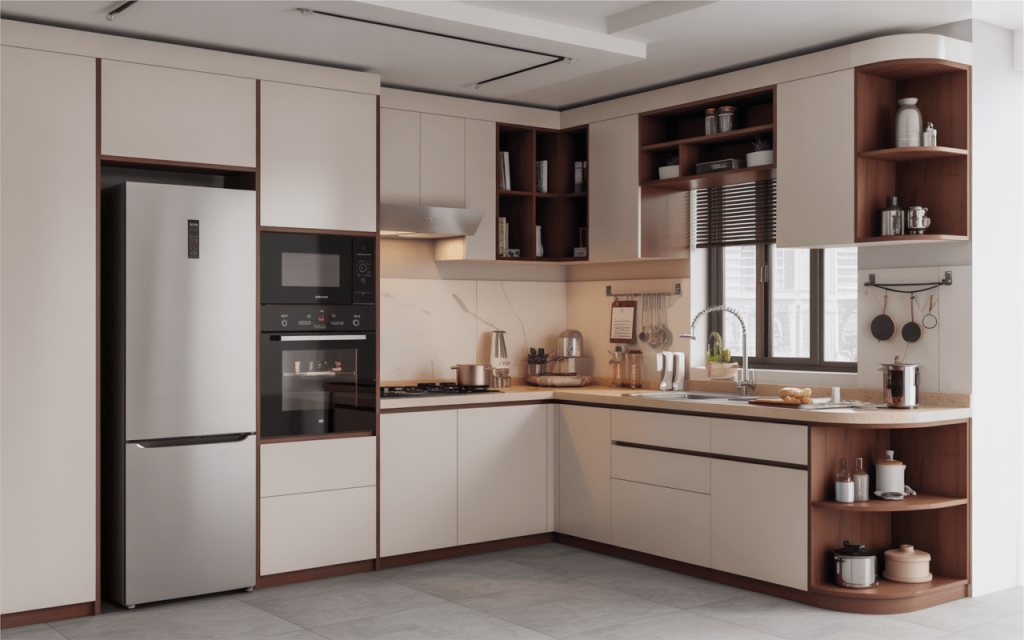 Smart layout simple small modular kitchen design with open wood shelving