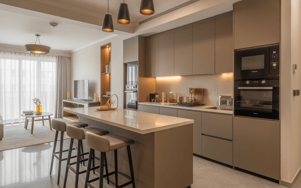 Stylish simple small modular kitchen design with island and modern appliances