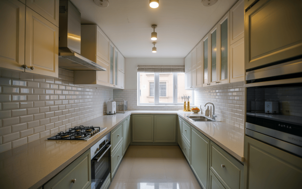 Bright simple small modular kitchen design with pastel cabinets and tile backsplash