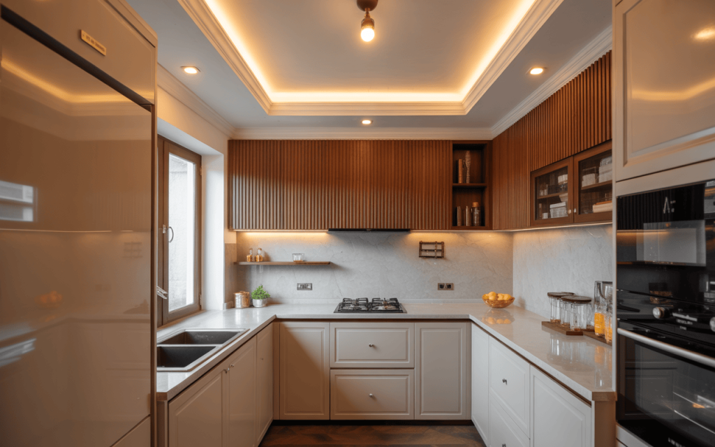 Elegant simple small kitchen ceiling design with soft lighting and wood accents