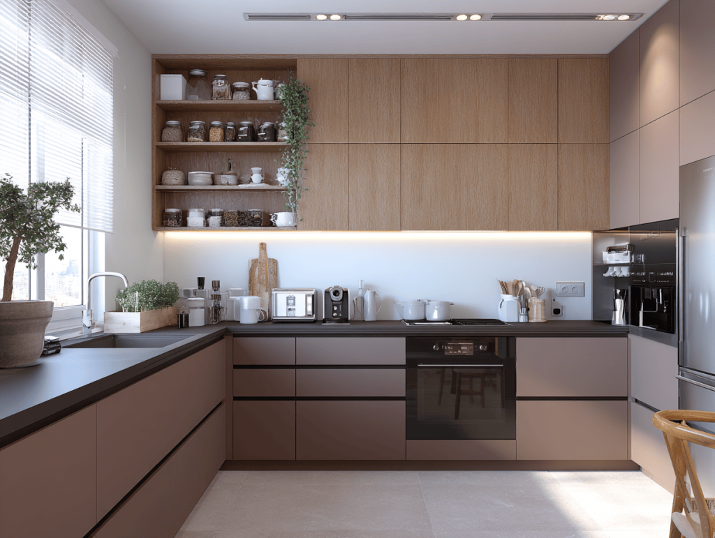 Modern layout simple small kitchen design ideas with open wooden shelves