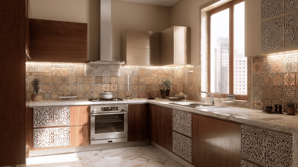 Rustic charm simple kitchen design for small house with patterned cabinet fronts