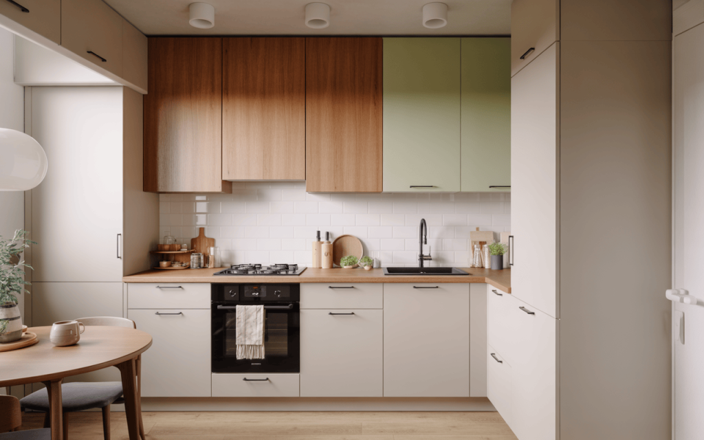 Warm stylish tiny kitchen design with wooden textures and soft pastel cabinets