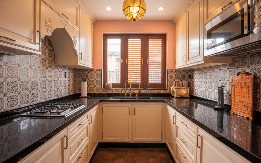 Classic luxury tiny kitchen design with vintage tiles and premium black countertops