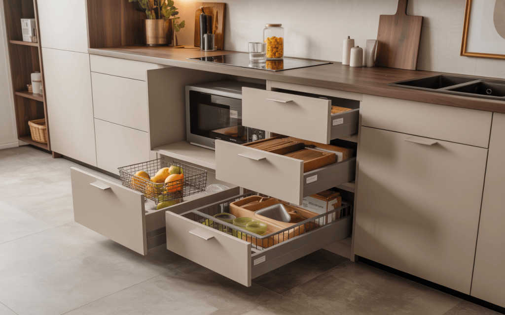 Organized tiny modular kitchen design with smart pull-out drawers and storage