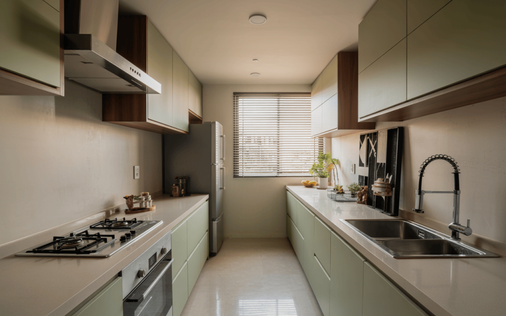 Elegant modular tiny kitchen design with sleek cabinetry and double countertop setup