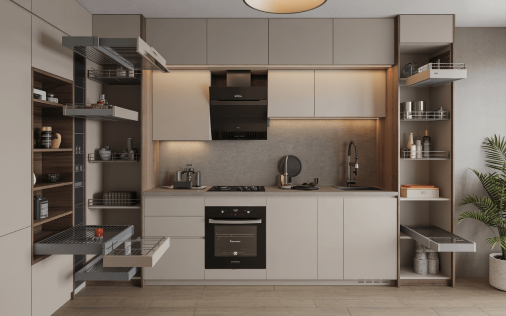 Smart modular tiny kitchen design with pull-out racks and modern storage units