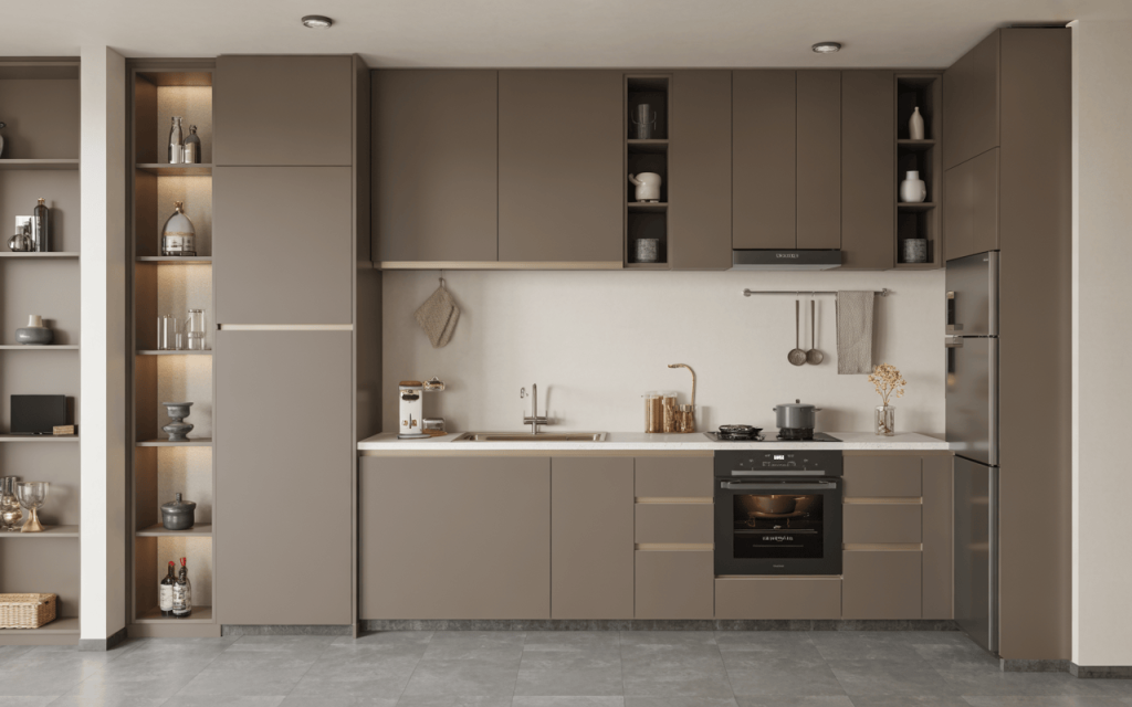 Elegant luxury tiny kitchen design with built-in shelves and sleek brown cabinets