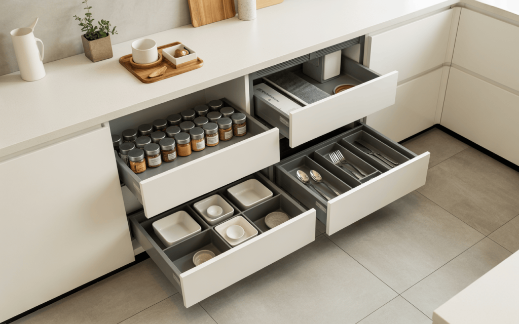 Organized simple tiny kitchen design with labeled drawers for easy access