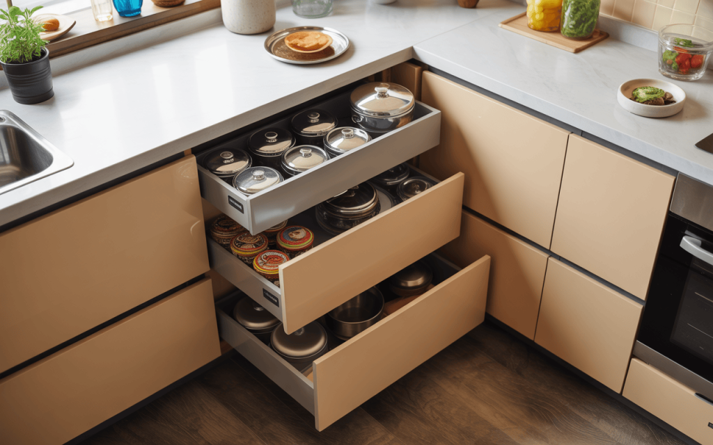 Smart low-budget tiny kitchen design ideas with labeled storage drawers