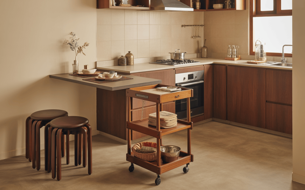 Smart low-budget tiny kitchen design ideas with folding table and wood tones