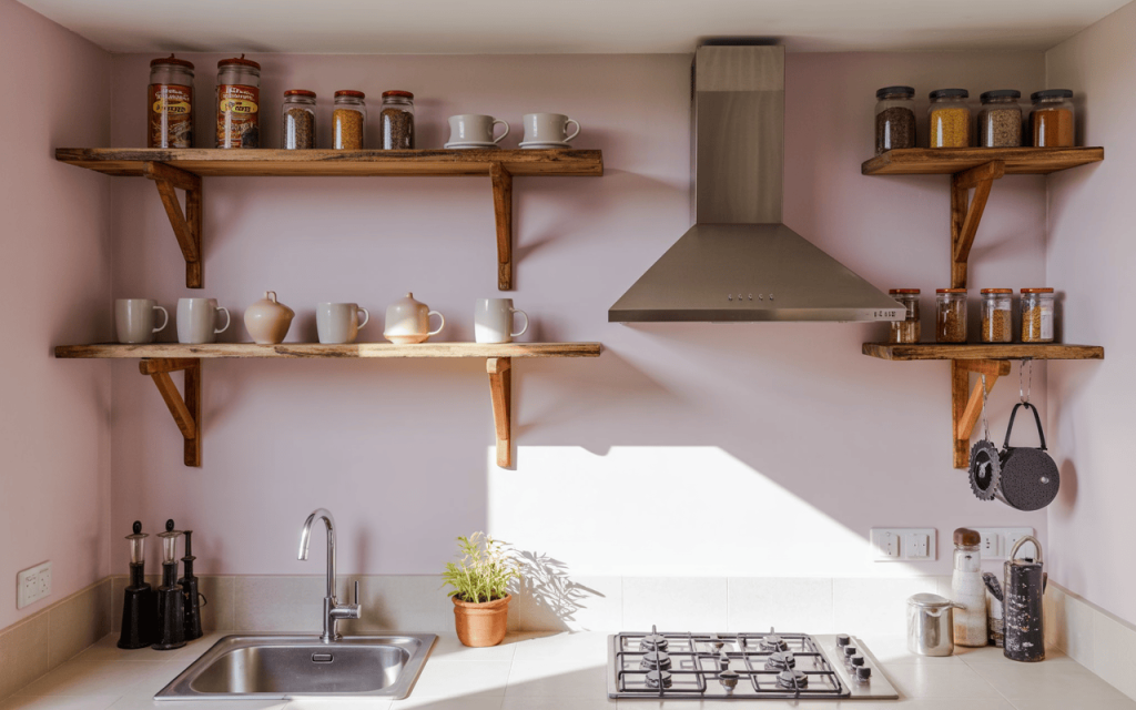Chic small tiny kitchen design with open wooden shelves and pastel pink walls