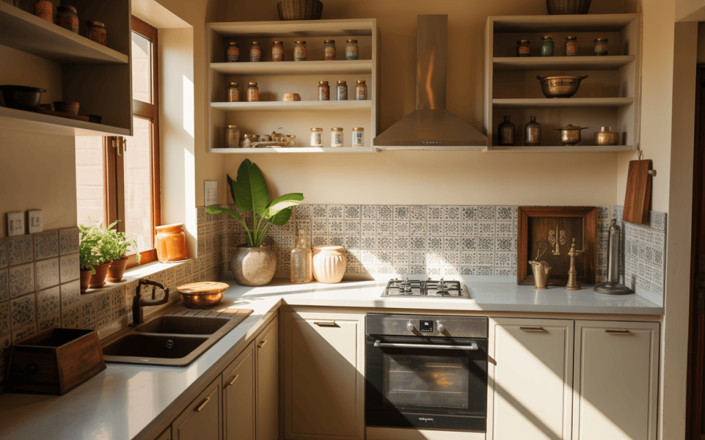 Cozy modern tiny kitchen design with sunlight, open shelves, and natural decor