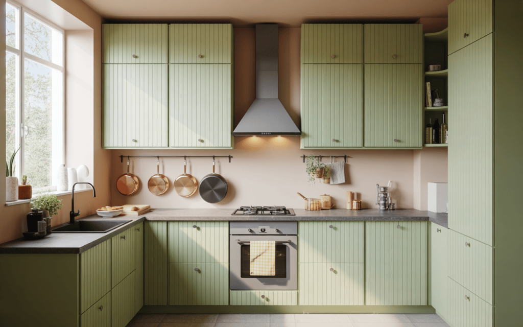 Charming simple tiny kitchen design with green cabinets and cozy natural lighting