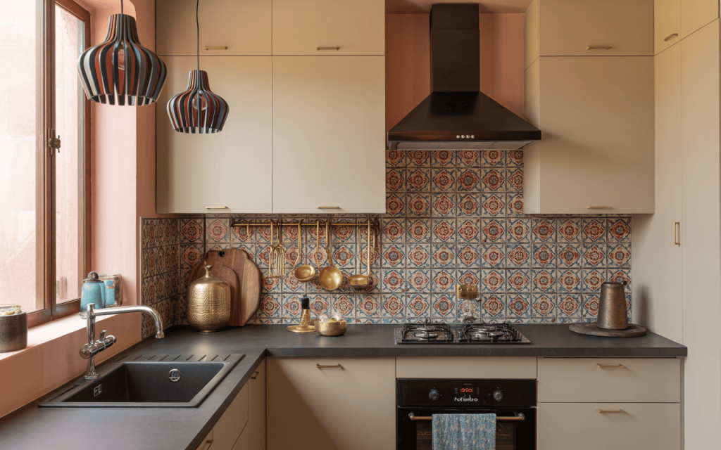 Colorful luxury tiny kitchen design with tiled backsplash and brass decor accents