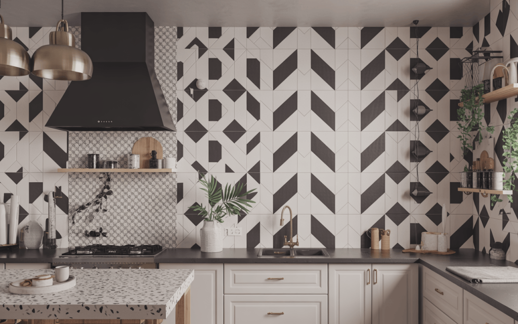 Bold black and white kitchen wall tiles design with striking geometric patterns
