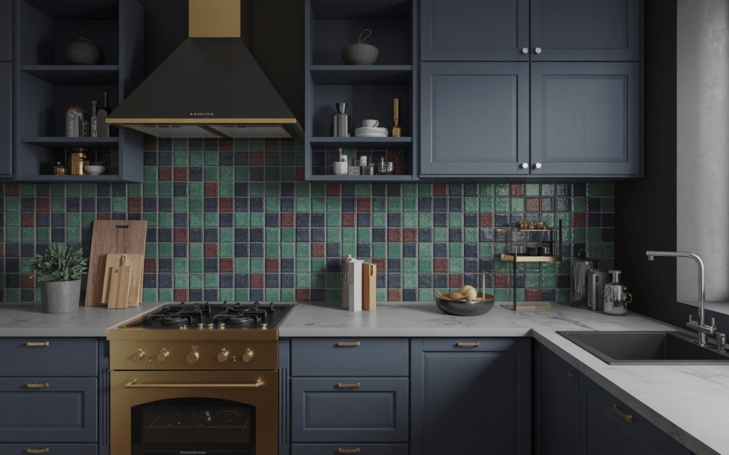 Vibrant unique kitchen wall tiles design with blue cabinets and gold accents
