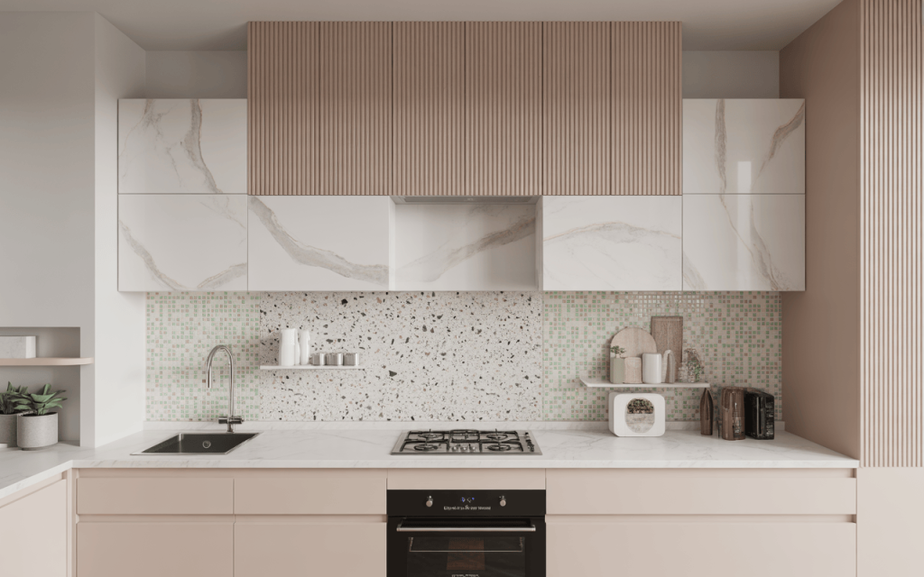 Elegant stylish kitchen wall tiles design with terrazzo and soft pastel mosaics