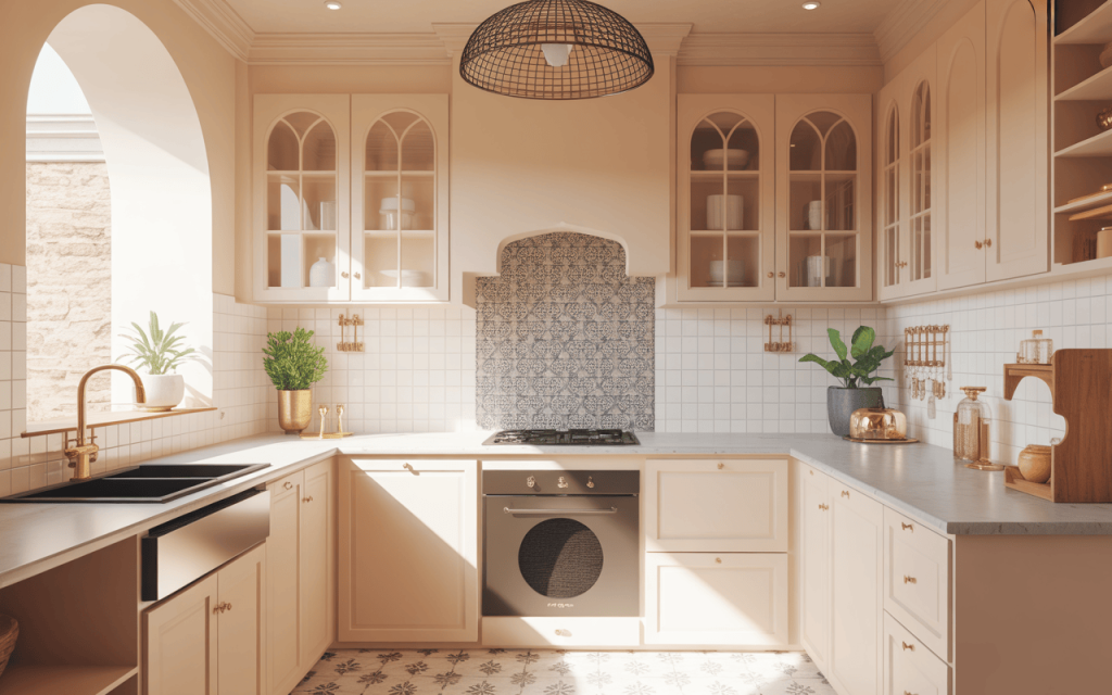 Elegant kitchen wall tiles designs with arches and soft-toned glass cabinets