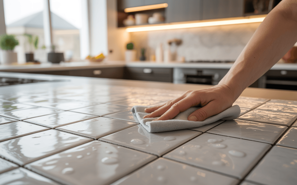 Glossy white modern kitchen wall tiles design being wiped clean for shine