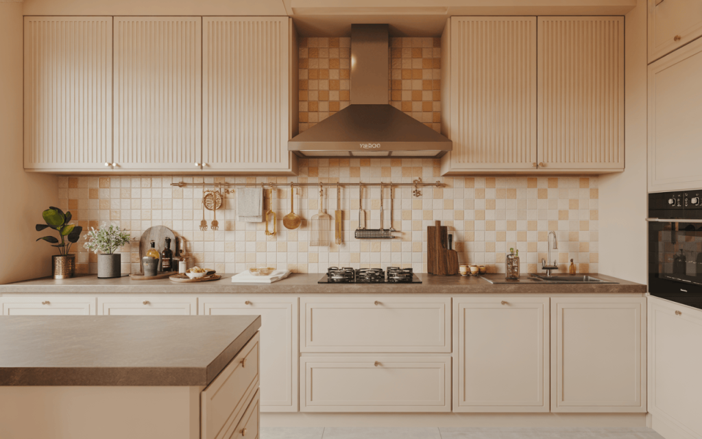 Elegant simple kitchen wall tiles design in warm beige with checkerboard finish