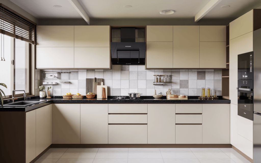 Elegant simple kitchen wall tiles design with beige and grey grid pattern