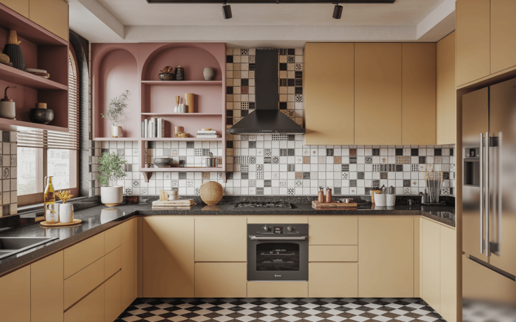 Chic stylish kitchen wall tiles design with beige cabinets and pattern mix