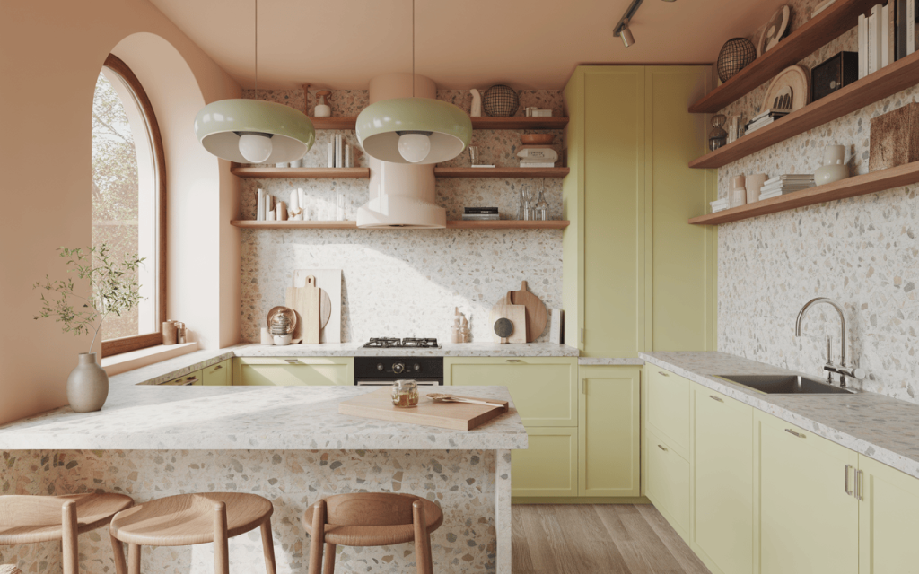 Terrazzo stylish kitchen wall tiles design with soft pastel green cabinetry