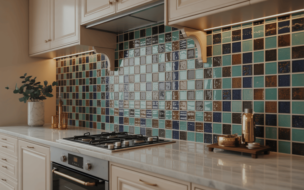 Colorful unique kitchen wall tiles design with glossy mosaic backsplash pattern