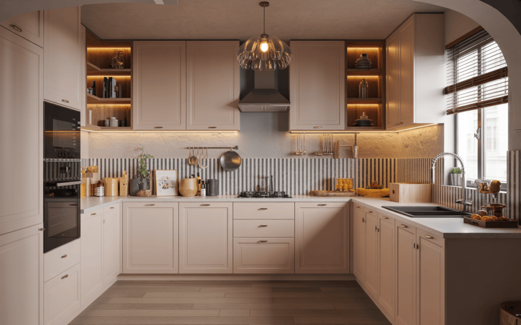 Warm modular kitchen wall tiles design with striped backsplash and lighting