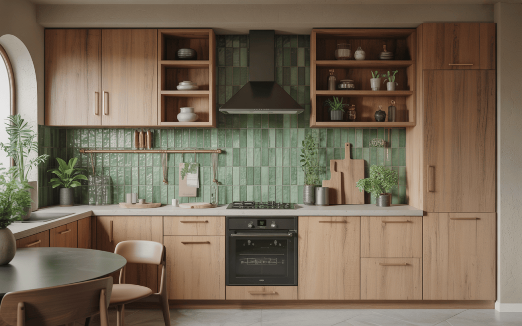 Natural unique kitchen wall tiles design with green vertical stacked pattern