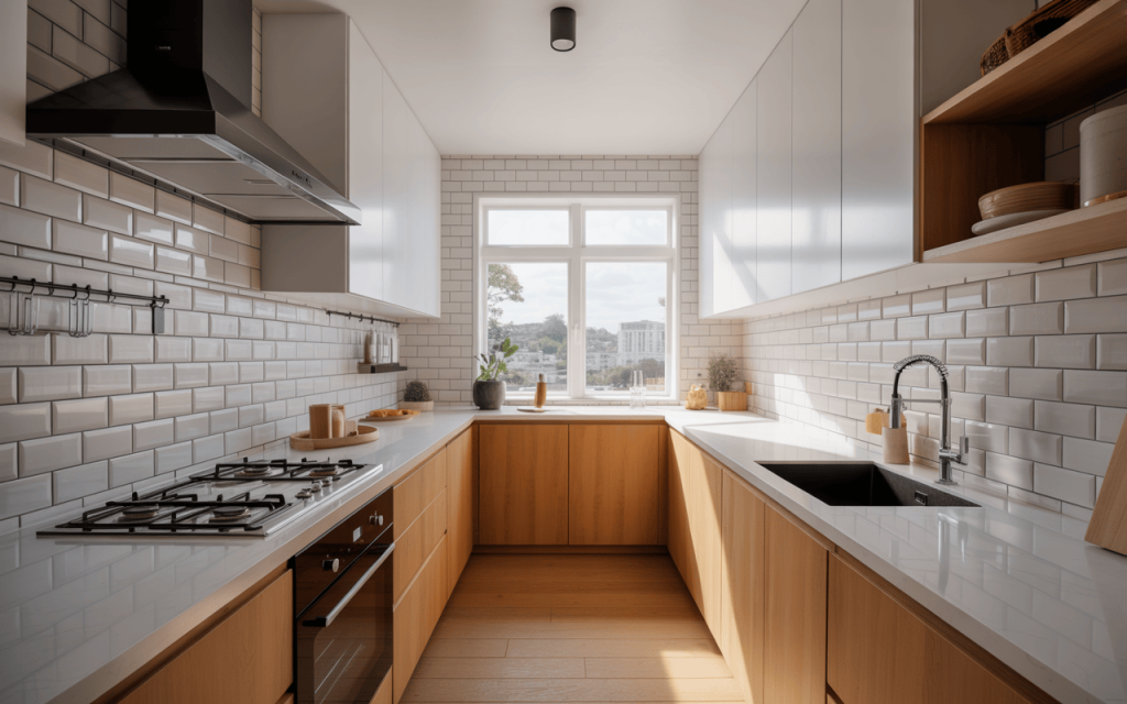 Bright white modern kitchen wall tiles design with natural wood cabinet contrast