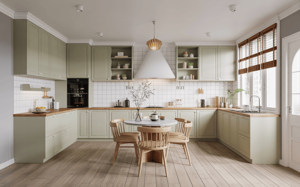 Charming simple kitchen wall tiles design with light green cabinets and wood accents