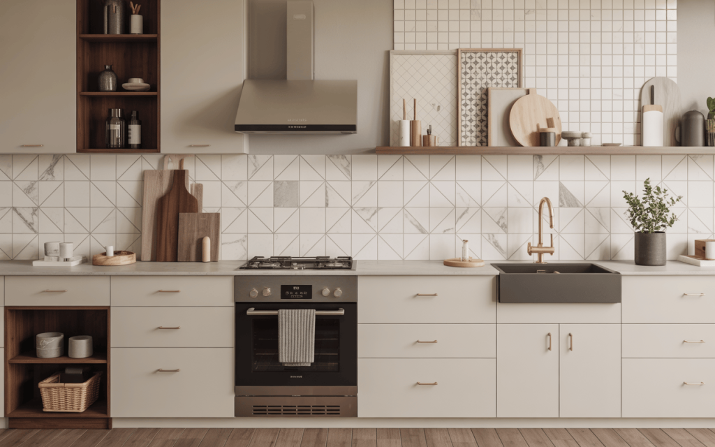 Bright white modern kitchen wall tiles design with geometric marble pattern blend