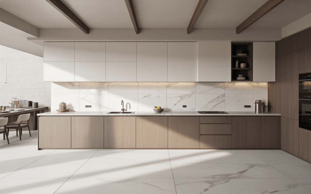 Elegant white modern kitchen wall tiles design with marble texture and wood accents