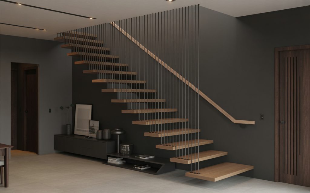 Minimal floating steel staircase design with suspended wooden treads and sleek rods